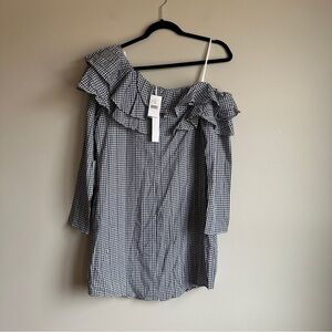 NWT Adelyn Rae Navy White Gingham One Shoulder Ruffled Mini Dress S